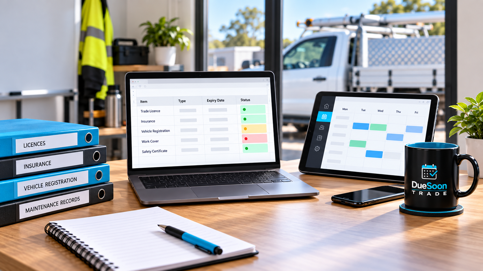 Australian trade business workspace showing compliance records alongside job-management software and recurring due dates.